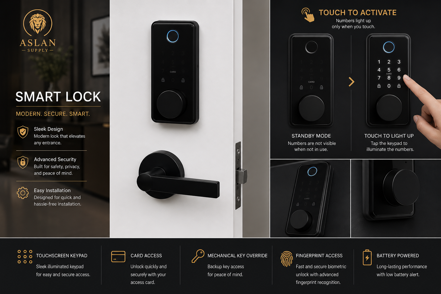 Smart Fingerprint Door Lock with Touchscreen Keypad & Card Access – Matte Black