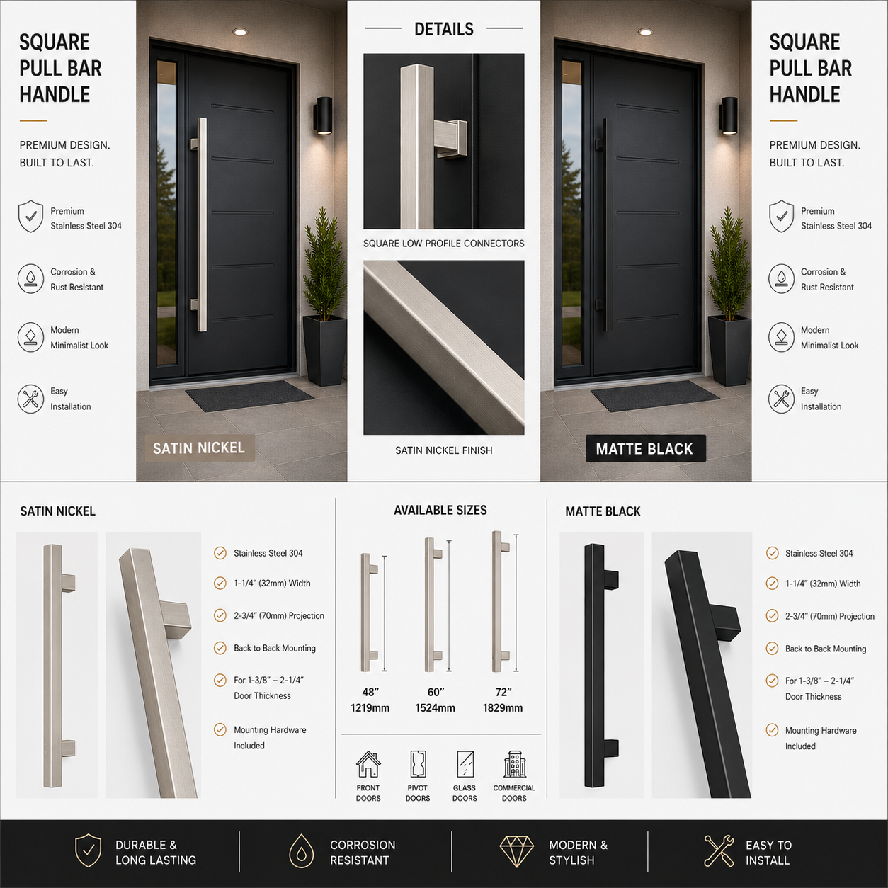 Square Stainless Steel Pull Bar Handle – Brushed Silver & Matte Black (48", 60", 72")